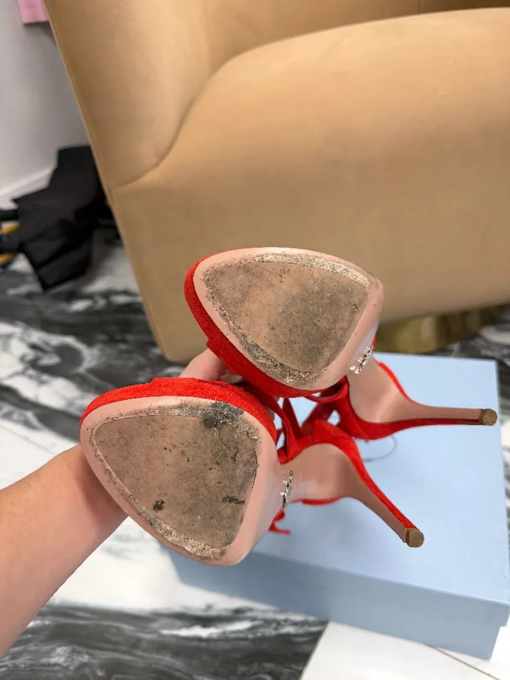 Prada Red Suede Platform Heels Strappy Sandals Stiletto Ankle Strap Size 37 - Picture 11 of 14